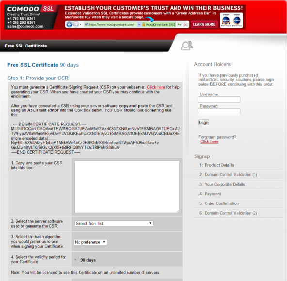 COMODO SSL 90 day apply page