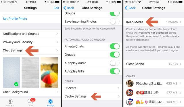 Telegram change cache settings